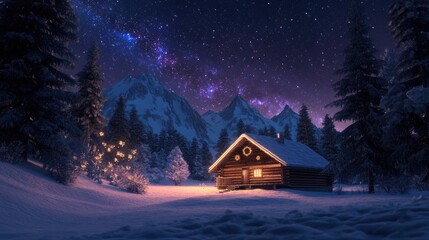 Fototapeta premium Cozy wooden cabin in the snowy forest under the Northern Lights