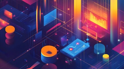 Fototapeta premium Data Visualization and Business Analysis.futuristic setting analyzing data visualizations and graphs with vibrant colors and abstract shapes.intersection of technology, analytics and futuristic design