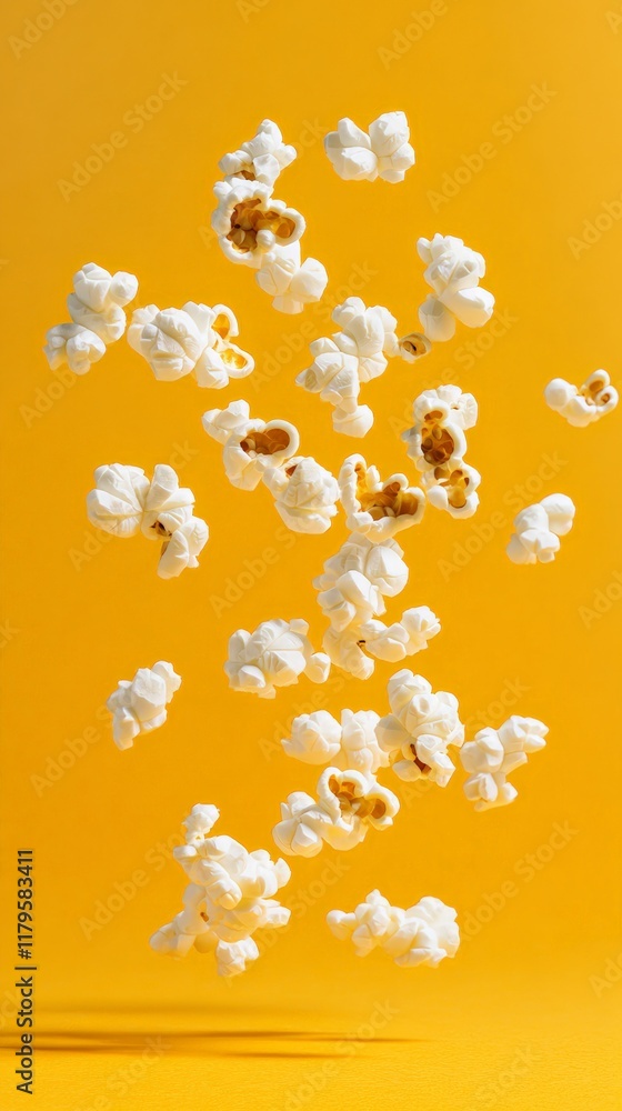 Aufkleber Popcorn kernels floating in mid air against a vibrant yellow background create a dynamic scene ideal for themes of snacks, movies, and entertainment
