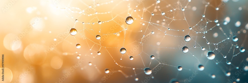Poster sparkling dew drops clinging to a delicate spiderweb, reflecting warm golden sunlight, create a mesm