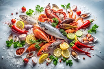 Fresh Seafood Platter on White Background - Long Exposure Photography