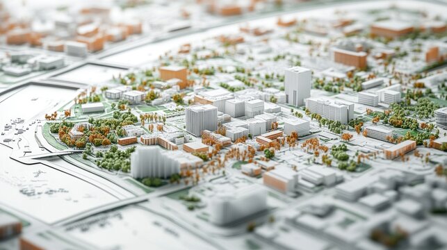 Innovative layout displays aerial perspectives and site analysis maps highlighting architectural elements and urban development insights