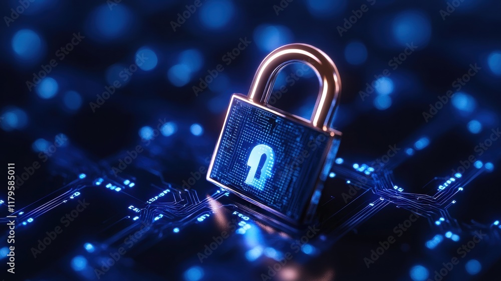 Poster intricate lock mechanism embedded in a complex circuit board design highlighting security and techno