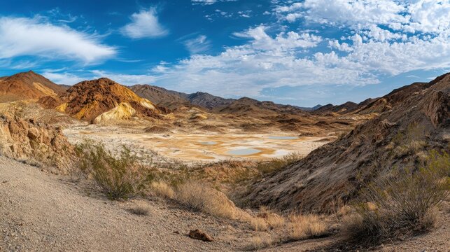 Arid Landscape Colorful Mountains, Dry Lakebed, Desert Plants, Blue Sky