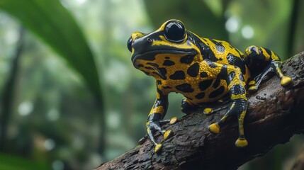 Fototapeta premium Vibrant YellowBlack Poison Dart Frog on Rainforest Branch