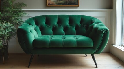 Green Velvet Armchair with Black Legs. Generative AI