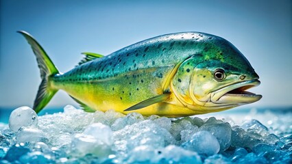 Fototapeta premium Freshly Caught Mahi Mahi Fish on Ice, Ready to Cook - High-Resolution Stock Photo