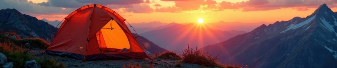 Fototapeta premium A tent in the background with a sunrise and mountains in the foreground, nature, camping, outdoors