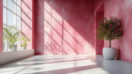 Fototapeta premium Coral Pink Wall Interior with Natural Light. Generative AI
