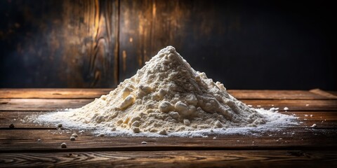 Freshly Milked Flour Pile on Rustic Wooden Table - Traditional Grain Milling