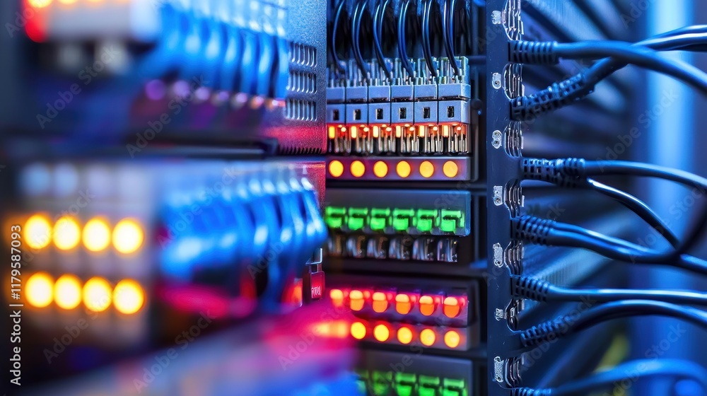 Poster intricate network server rack: a close-up view of complex data center technology