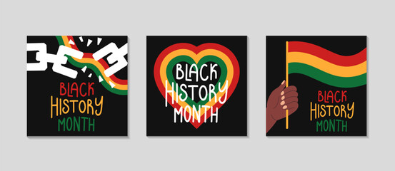 Black history month celebration cards set. Greeting square post background for Social media. Simple background with broken shackles, chains and African flag, hands and heart. Vector flat illustration.