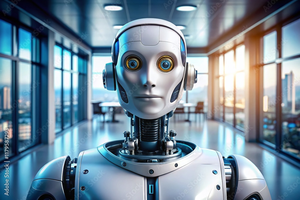 Poster friendly robot in modern office setting - portrait style presentation background