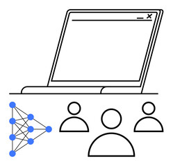Open laptop interface, abstract neural network, and three user icons symbolizing people. Ideal for technology, machine learning, team collaboration, AI integration, innovation, data science abstract