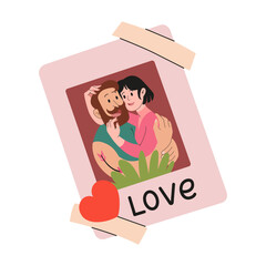 Family photo on tape. Picture of couple in love with heart sticker. Romantic Valentine's Day memorable gift. Feelings and relationships. February 14 celebration card. Vector flat illustration.