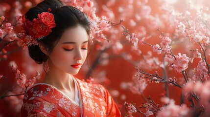 Japanese Woman with Cherry Blossoms. Generative AI
