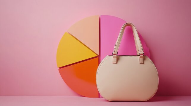 Neutral handbag creatively presented alongside a vibrant pie chart merging fashion and data visualization in a stylish arrangement - Powered by Adobe