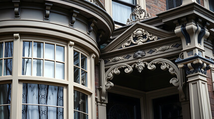 Obraz premium Architectural Details of a Building Facade with Bay Window and Ornate Entrance