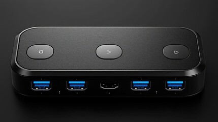 Obraz premium Black USB hub with three buttons on dark surface, showcasing connectivity and control.