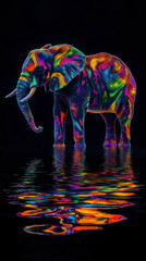 Obraz premium Elephant in Vibrant Colors Reflecting on Tranquil Water During a Mystical Nighttime Landscape