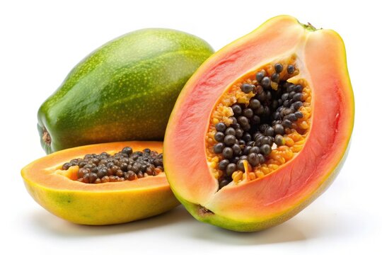 Isolated papaya and mango on a pristine white background.  High-resolution food photography; perfect for stock use.