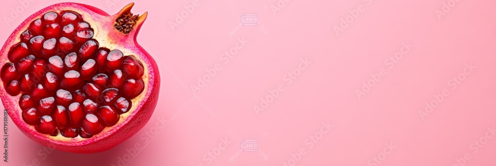 Poster ripe pomegranate cut in half with visible red seeds levitating on a vibrant pink background, creatin