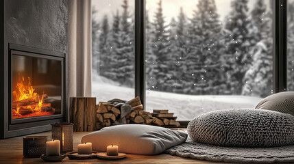 Inviting Scandinavian-style living room interior with a roaring fireplace, soft floor cushions, and rustic wooden furniture. The large window offers breathtaking views of a snow-covered winter landsca