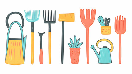 Colorful garden tools and plants set, illustration, isolated on white background.  Use for gardening theme.
