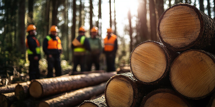 Close-up view of stacked logs in a forest clearing, with blurred loggers in the background wearing safety vests and hard hats. The sunlight filtering through the trees adds a warm tone.