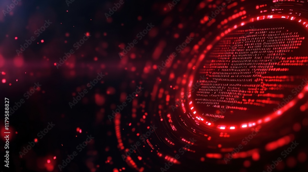 Aufkleber Vibrant Red and Black Background Featuring Circular Pattern of Repeating Binary Code Evoking Themes of Technology and Data