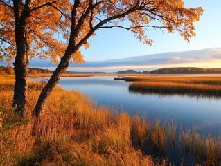 Fototapeta premium Serene Autumn Lake at Sunrise