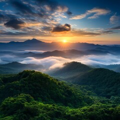 Majestic Sunrise Over Misty Mountain Range