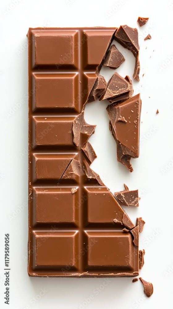 Poster levitating milk chocolate bar against a clean white background, with chunks breaking off and floatin