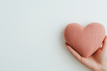 Fototapeta premium A close-up of a human hand gently holding a heart-shaped object made of pink burlap fabric. 