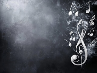 Artistic chalkboard with music notes and smoke effect, evoking creativity and inspiration.