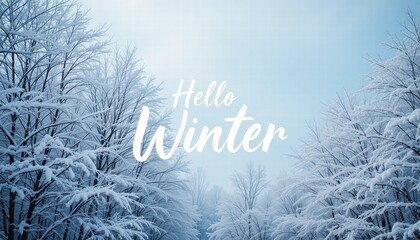 Winter snow landscape with a tree and holiday decorations for a greeting card "hello Winter"