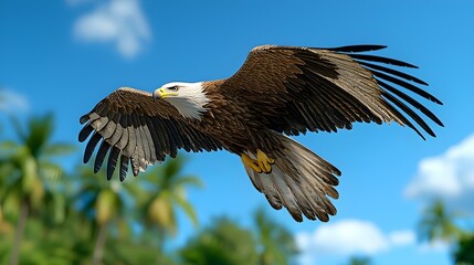 Obraz premium Majestic Eagle Soaring Over Tropical Landscape with Blue Sky