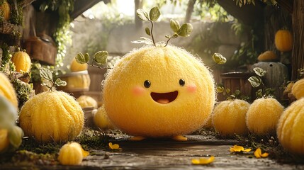 Happy Fuzzy Yellow Creature Among Pumpkins
