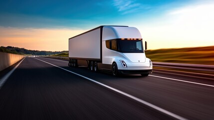Vibrant Sunset Illuminating Open Highway with Truck in Motion Surrounded by Lush Landscape Creating a Peaceful Journey Scene