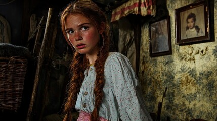 Fototapeta premium A Young Girl in an Old House: A Still from a Film