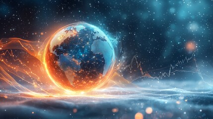 Obraz premium Globe Surrounded by Fiery Light and Sparkling Stars in Dark Space