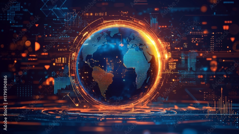 Poster futuristic digital globe with data elements and vibrant effects