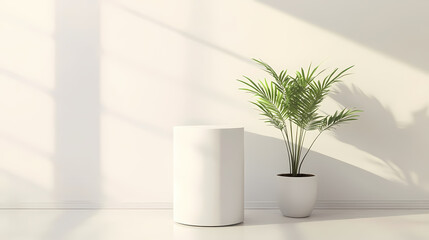 Minimalist white cylindrical podium against a vertically lined white wall. Shadowmoss. Illustration