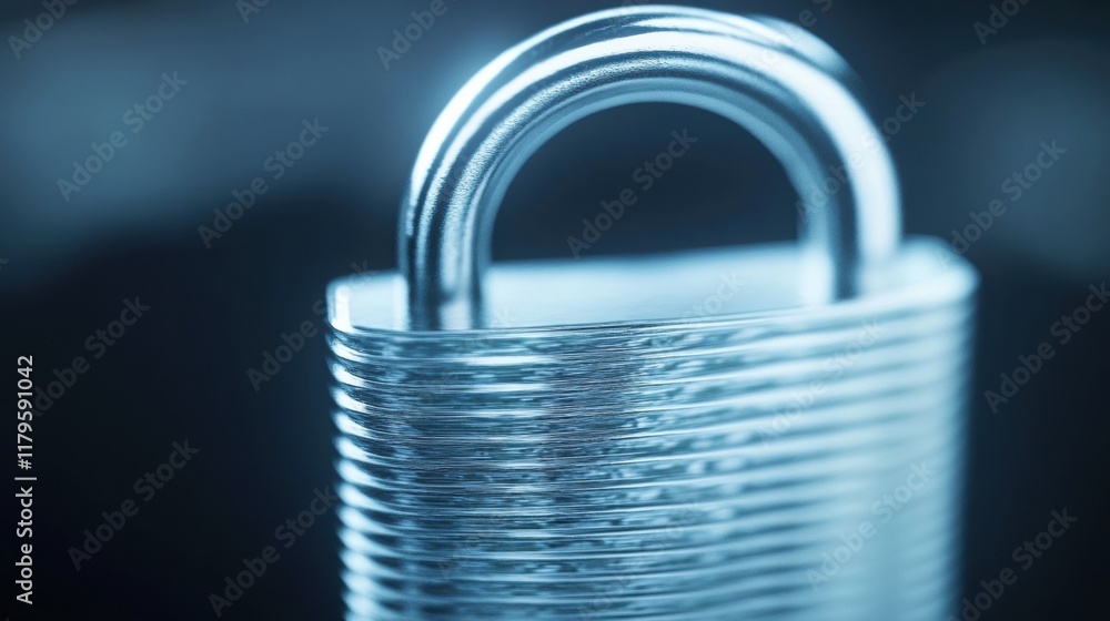 Poster closeup of a metallic padlock with a key resting on top symbolizing security trust and protection in