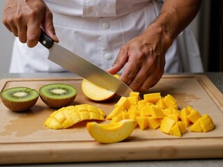 Chef's hands cutting fresh fruits on a wooden cutting board in the kitchen with a professional kitchen knife.