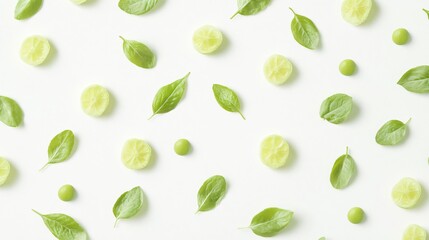 Fresh Lime Slices, Basil Leaves, and Green Peas: A Vibrant Green Food Pattern on White Background