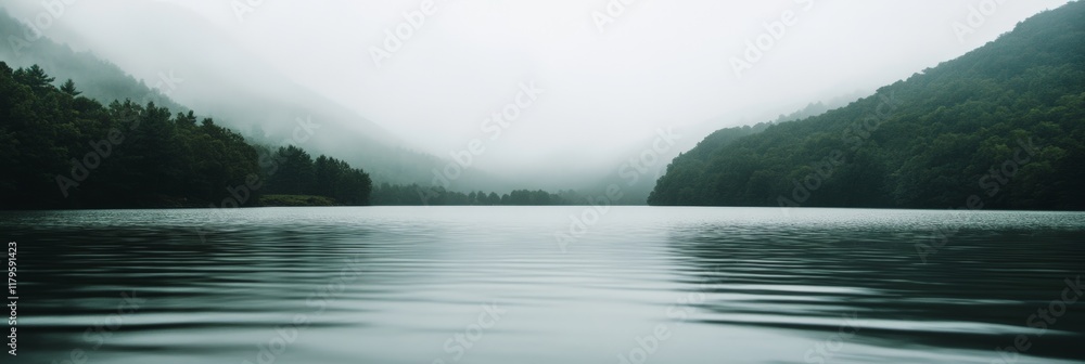 Poster ripples expanding on the surface of a lake while rain is falling, with misty forest and mountains in