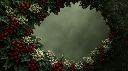 Red and White Berries Frame a Dark Green Background