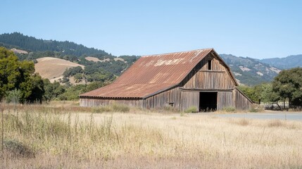 Obraz premium Rustic wooden barn with rusty metal roof in a dry, grassy field, hills in the background.