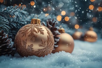 magical christmas evening scene with glowing golden ornaments, twinkling lights and shimmering glass ball decorations against bokeh winter background
